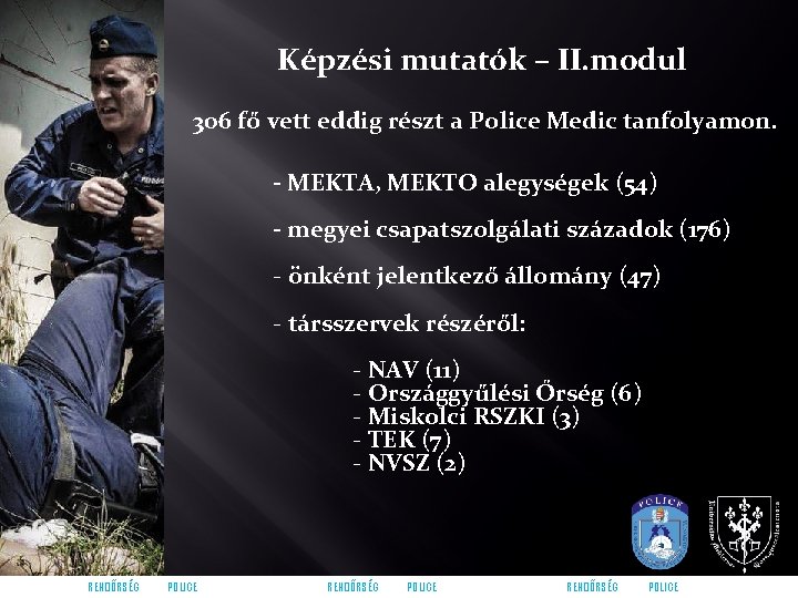 Képzési mutatók – II. modul 306 fő vett eddig részt a Police Medic tanfolyamon.