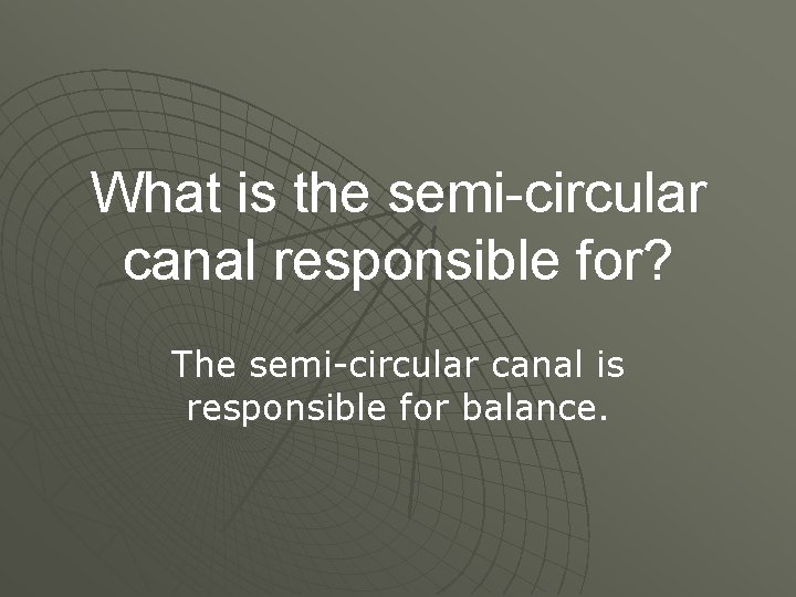 What is the semi-circular canal responsible for? The semi-circular canal is responsible for balance.