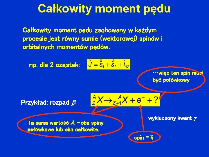 Całkowity moment pędu zachowany w każdym procesie jest równy sumie (wektorowej) spinów i orbitalnych
