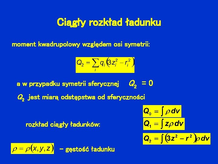 Ciągły rozkład ładunku moment kwadrupolowy względem osi symetrii: a w przypadku symetrii sferycznej Q