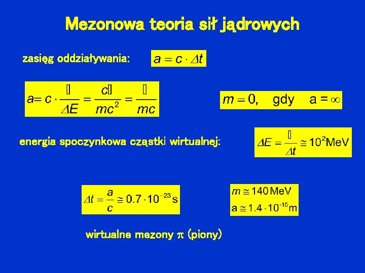 Mezonowa teoria sił jądrowych zasięg oddziaływania: energia spoczynkowa cząstki wirtualnej: wirtualne mezony (piony) 