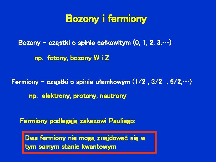 Bozony i fermiony Bozony – cząstki o spinie całkowitym (0, 1, 2, 3, …)