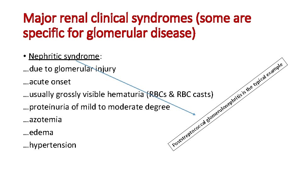 Major renal clinical syndromes (some are specific for glomerular disease) • Nephritic syndrome: le