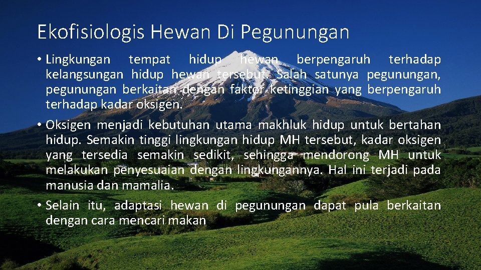 Ekofisiologis Hewan Di Pegunungan • Lingkungan tempat hidup hewan berpengaruh terhadap kelangsungan hidup hewan Ekofisiologis Hewan Di Pegunungan • Lingkungan tempat hidup hewan berpengaruh terhadap kelangsungan hidup hewan