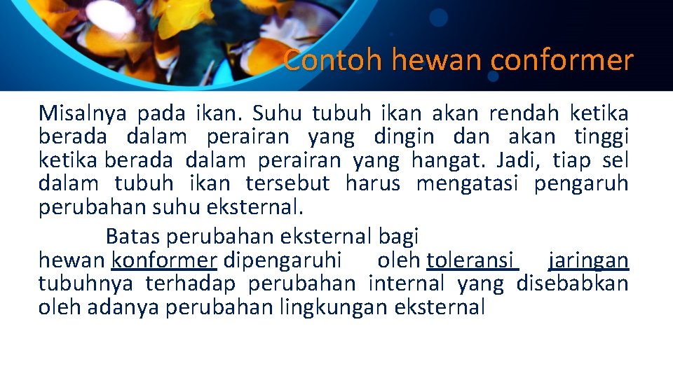 Contoh hewan conformer Misalnya pada ikan. Suhu tubuh ikan akan rendah ketika berada dalam