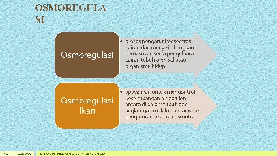 OSMOREGULA SI 52 12/1/2020 Osmoregulasi • proses pengatur konsentrasi cairan dan menyeimbangkan pemasukan serta