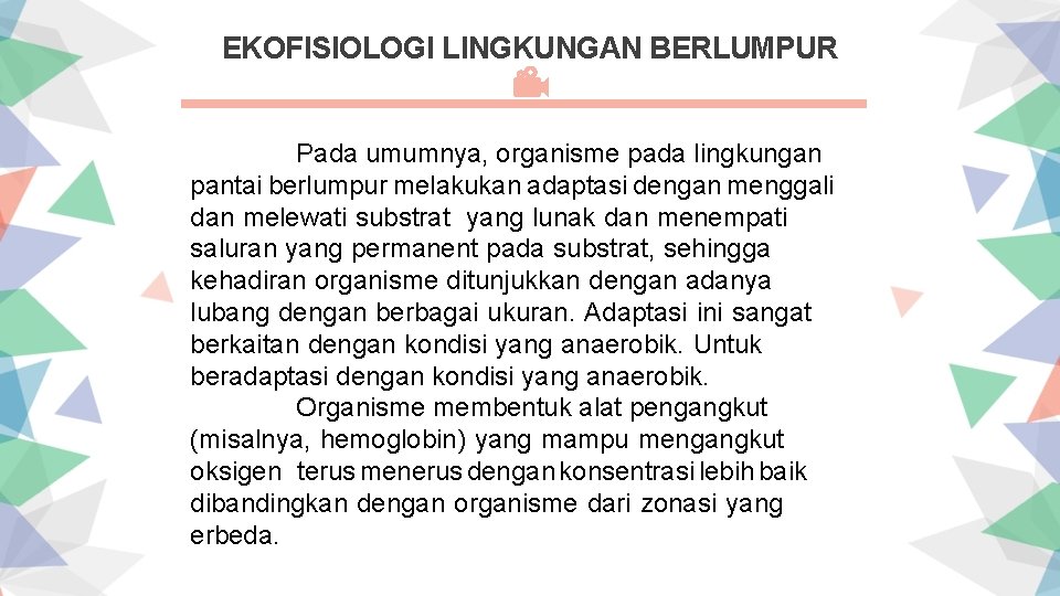 EKOFISIOLOGI LINGKUNGAN BERLUMPUR Pada umumnya, organisme pada lingkungan pantai berlumpur melakukan adaptasi dengan menggali