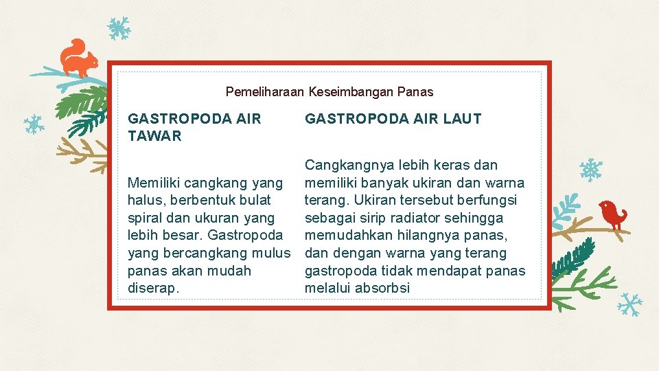 Pemeliharaan Keseimbangan Panas GASTROPODA AIR TAWAR GASTROPODA AIR LAUT Cangkangnya lebih keras dan Memiliki