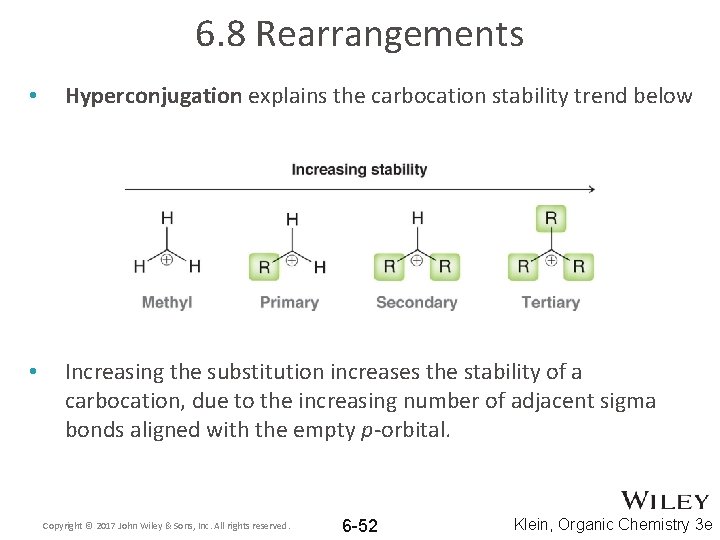 6. 8 Rearrangements • Hyperconjugation explains the carbocation stability trend below • Increasing the