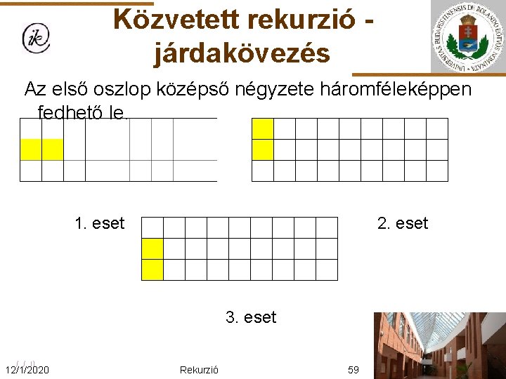 Közvetett rekurzió járdakövezés Az első oszlop középső négyzete háromféleképpen fedhető le. 1. eset 2.