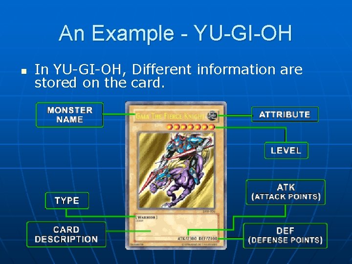 An Example - YU-GI-OH n In YU-GI-OH, Different information are stored on the card.