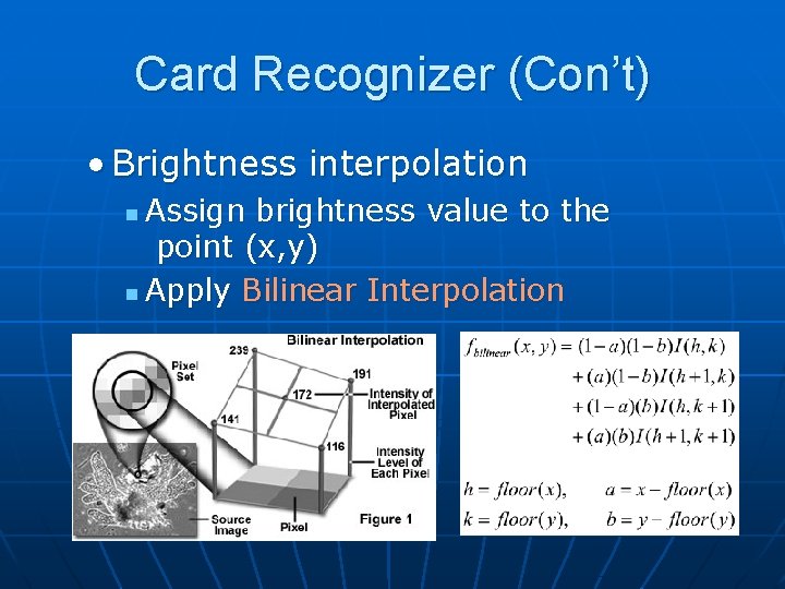 Card Recognizer (Con’t) • Brightness interpolation Assign brightness value to the point (x, y)