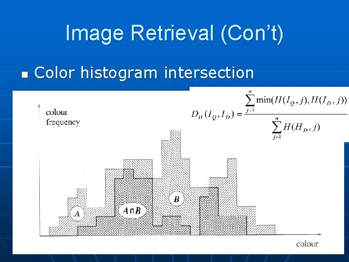 Image Retrieval (Con’t) n Color histogram intersection 