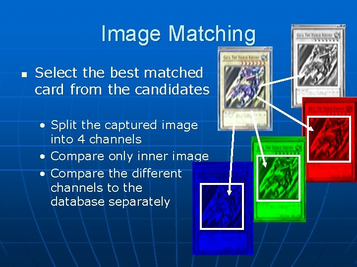 Image Matching n Select the best matched card from the candidates • Split the