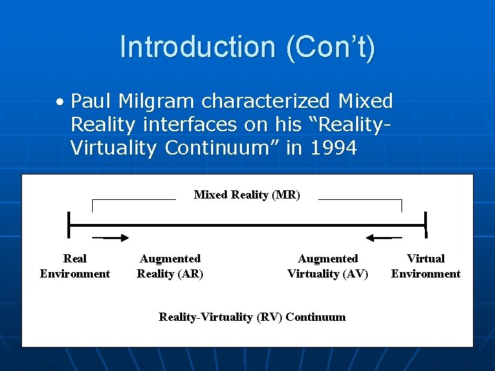 Introduction (Con’t) • Paul Milgram characterized Mixed Reality interfaces on his “Reality. Virtuality Continuum”