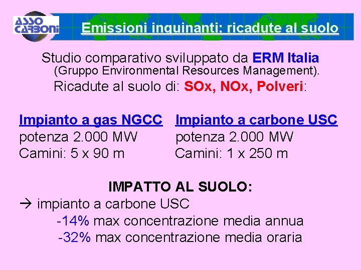 Emissioni inquinanti: ricadute al suolo Studio comparativo sviluppato da ERM Italia (Gruppo Environmental Resources