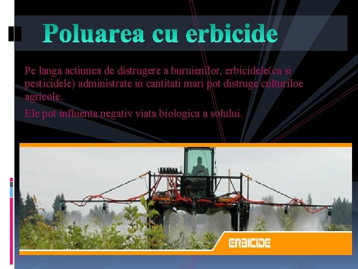 Pe langa actiunea de distrugere a buruienilor, erbicidele(ca si pesticidele) administrate in cantitati mari