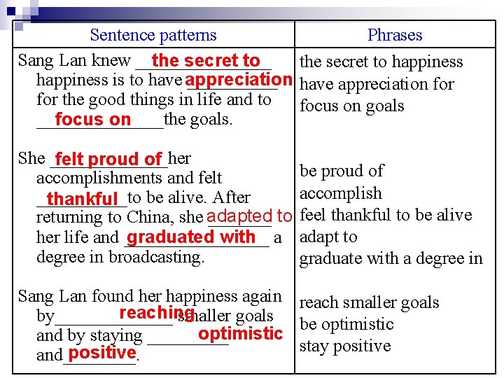 Sentence patterns Phrases Sang Lan knew ________ the secret to happiness is to have