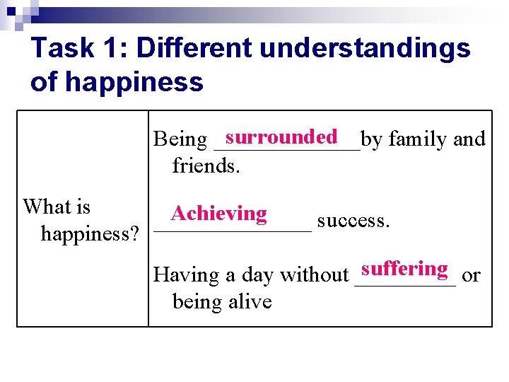 Task 1: Different understandings of happiness surrounded Being _______by family and friends. What is