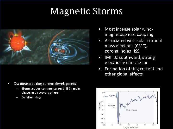 Magnetic Storms • Most intense solar windmagnetosphere coupling • Associated with solar coronal mass