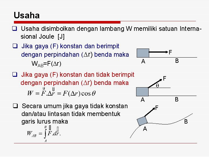 Usaha q Usaha disimbolkan dengan lambang W memiliki satuan Internasional Joule [J] q Jika