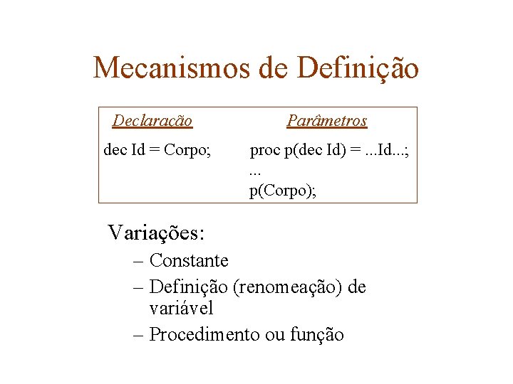 Mecanismos de Definição Declaração Parâmetros dec Id = Corpo; proc p(dec Id) =. .