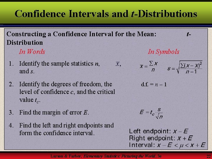 Confidence Intervals and t-Distributions Constructing a Confidence Interval for the Mean: Distribution In Words