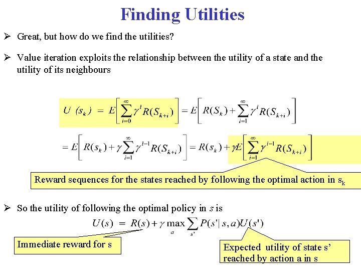 Finding Utilities Great, but how do we find the utilities? Value iteration exploits the