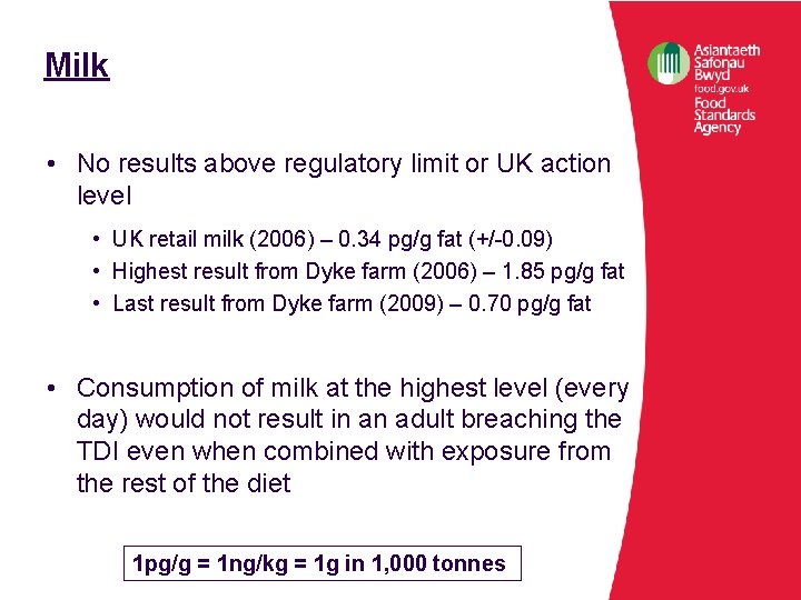 Milk • No results above regulatory limit or UK action level • UK retail