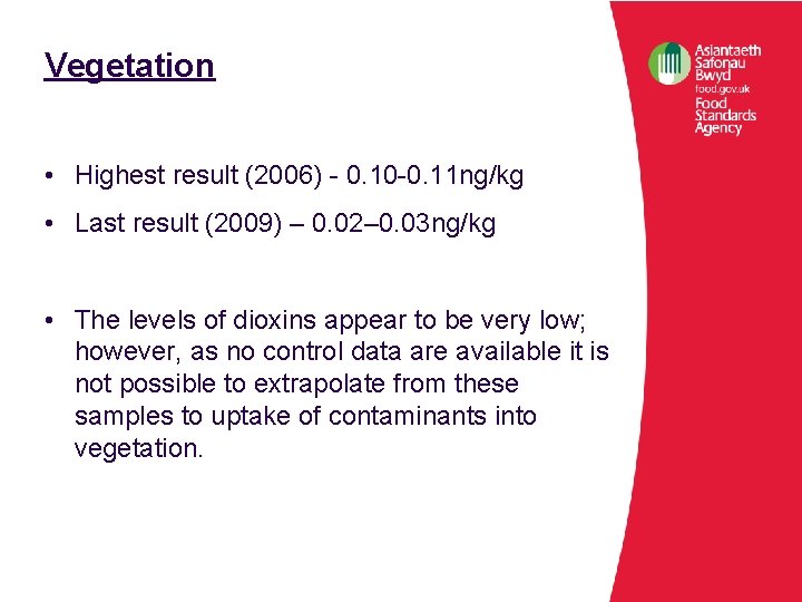 Vegetation • Highest result (2006) - 0. 10 -0. 11 ng/kg • Last result