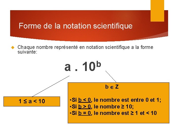 Forme de la notation scientifique Chaque nombre représenté en notation scientifique a la forme