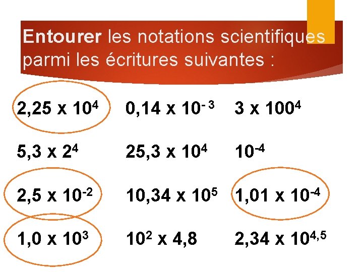 Entourer les notations scientifiques parmi les écritures suivantes : 2, 25 x 104 0,