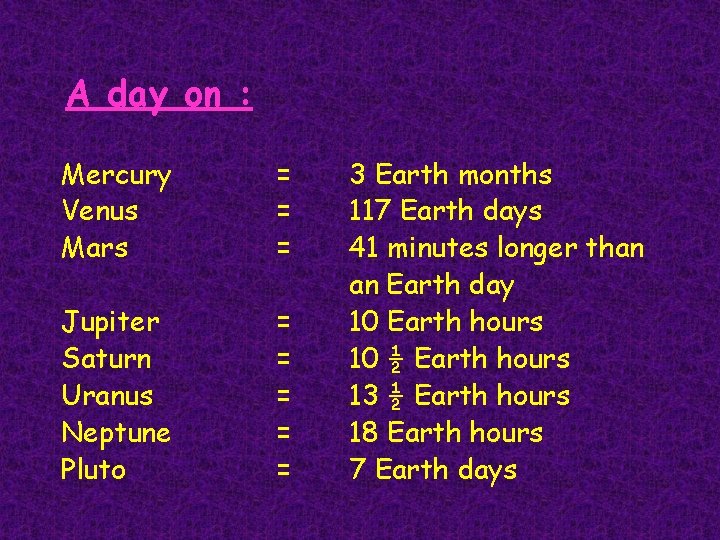 A day on : Mercury Venus Mars = = = Jupiter Saturn Uranus Neptune A day on : Mercury Venus Mars = = = Jupiter Saturn Uranus Neptune