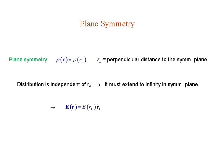 Plane Symmetry Plane symmetry: r = perpendicular distance to the symm. plane. Distribution is