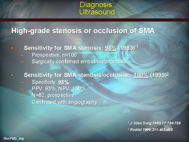 Diagnosis: Ultrasound High-grade stenosis or occlusion of SMA • Sensitivity for SMA stenosis: 96%
