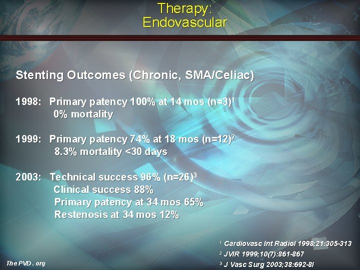Therapy: Endovascular Stenting Outcomes (Chronic, SMA/Celiac) 1998: Primary patency 100% at 14 mos (n=3)1