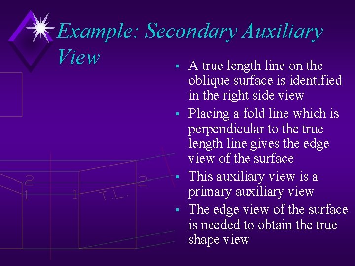 Example: Secondary Auxiliary View § A true length line on the § § §