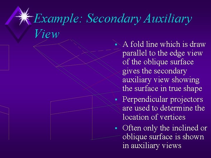 Example: Secondary Auxiliary View § § § A fold line which is draw parallel