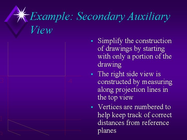 Example: Secondary Auxiliary View § § § Simplify the construction of drawings by starting