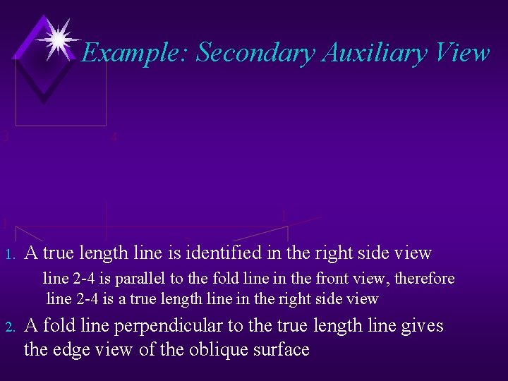 Example: Secondary Auxiliary View 1. A true length line is identified in the right