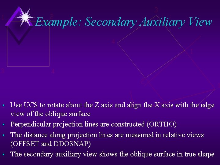 Example: Secondary Auxiliary View § § Use UCS to rotate about the Z axis