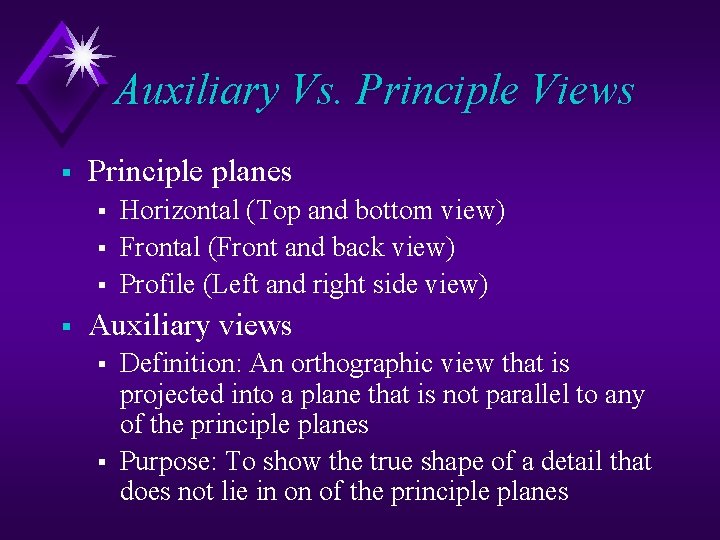 Auxiliary Vs. Principle Views § Principle planes § § Horizontal (Top and bottom view)