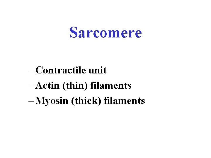 Sarcomere – Contractile unit – Actin (thin) filaments – Myosin (thick) filaments 