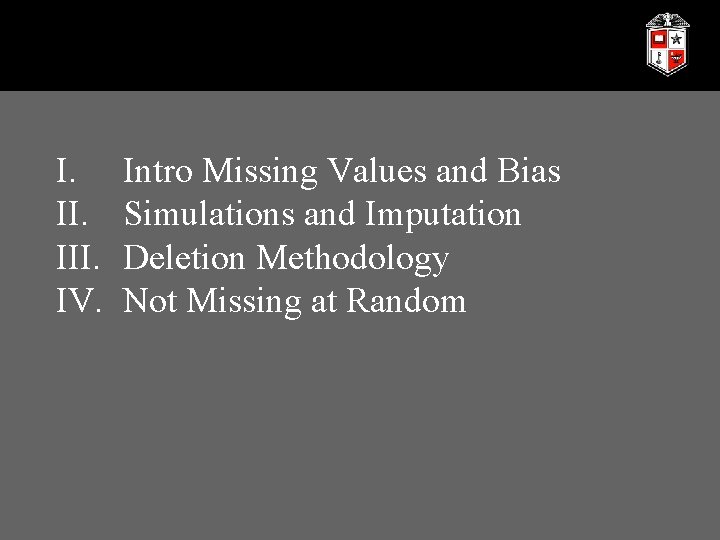 I. III. IV. Intro Missing Values and Bias Simulations and Imputation Deletion Methodology Not