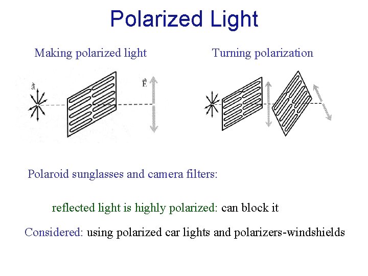 Polarized Light Making polarized light Turning polarization Polaroid sunglasses and camera filters: reflected light
