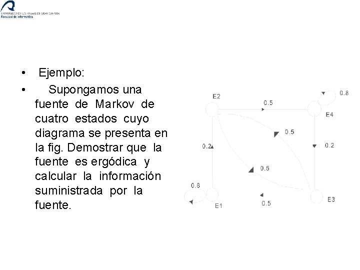  • Ejemplo: • Supongamos una fuente de Markov de cuatro estados cuyo diagrama