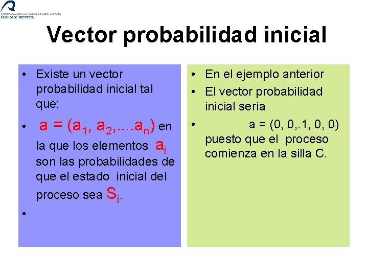  Vector probabilidad inicial • Existe un vector probabilidad inicial tal que: • a