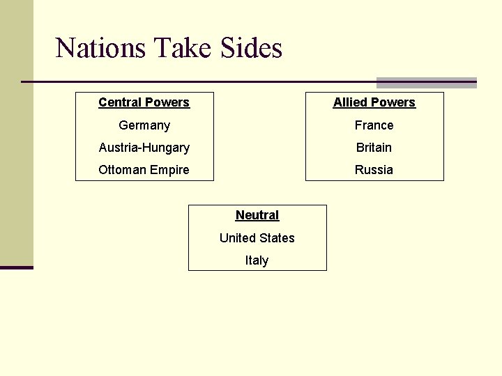 Nations Take Sides Central Powers Allied Powers Germany France Austria-Hungary Britain Ottoman Empire Russia