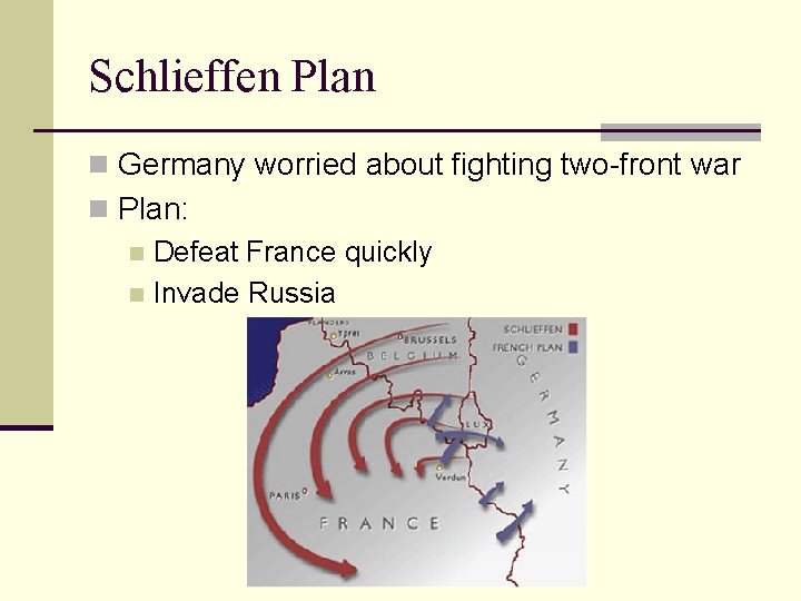 Schlieffen Plan n Germany worried about fighting two-front war n Plan: n Defeat France