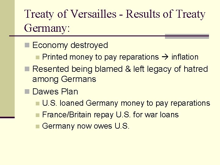 Treaty of Versailles - Results of Treaty Germany: n Economy destroyed n Printed money